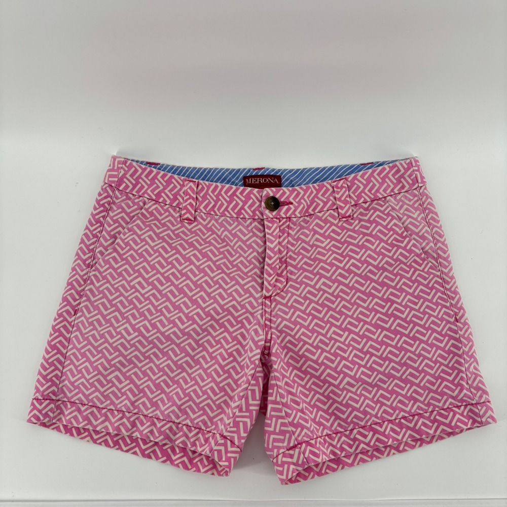 Merona Geometric Chino Shorts Women 2 Pink Excellent Cotton Mid Rise Cuffed